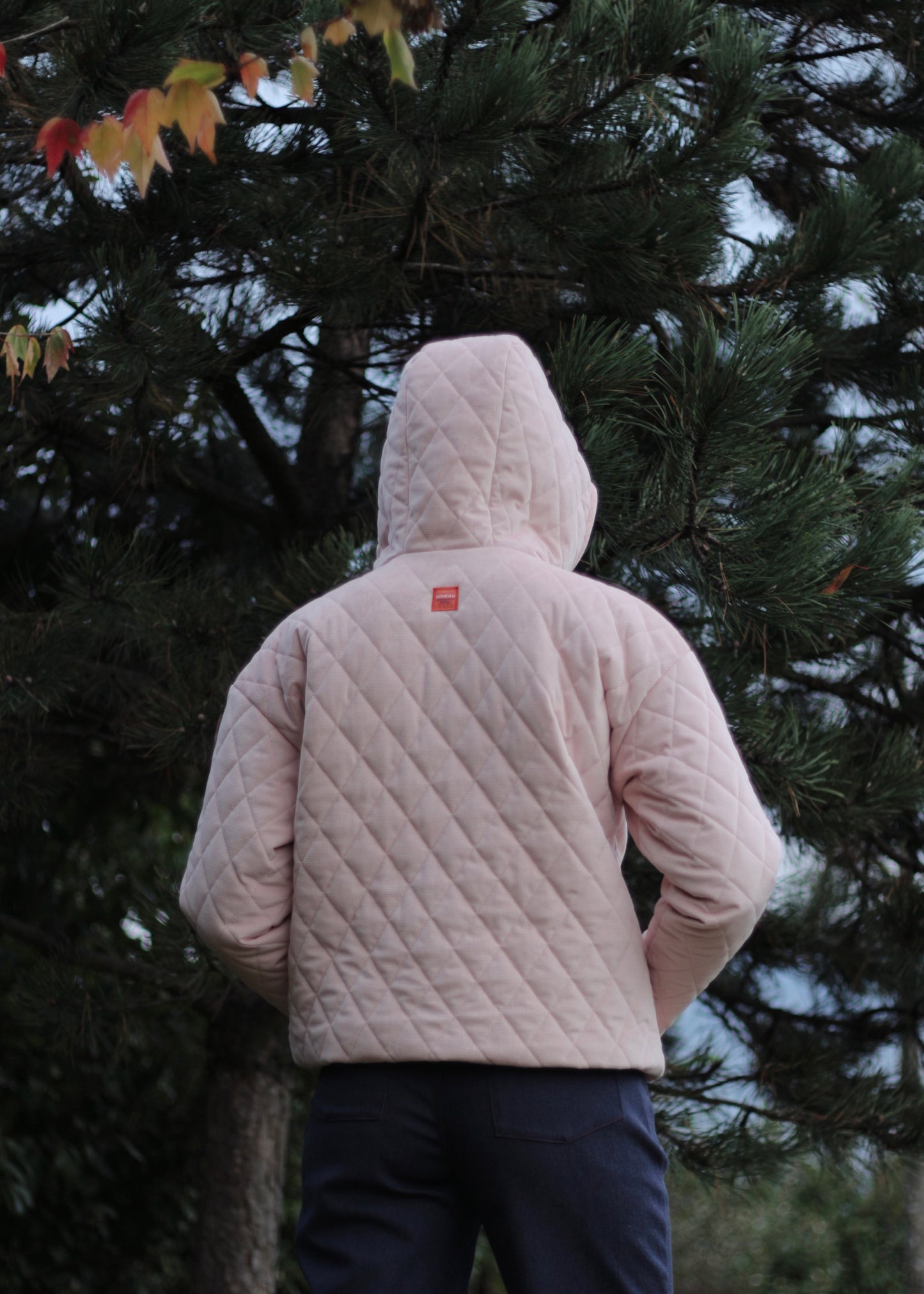 Veste sweat en velours matelassé rose, vue de dos